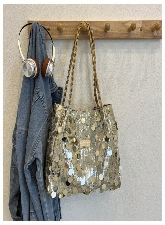 DOSYSO Korean Sequin Hobo Shoulder Hand Bags For Women Stylish Latest Glitter Party Evening Handbags Big Size Tote Bag Fancy Wedding Ladies Purse Braided Handle Sling Side bag Gift For Girls (Gold) - Image 4